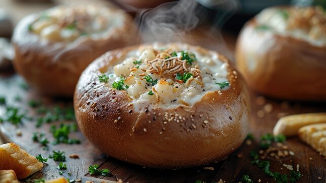 Food photography, clam chowder in a sourdough bread bowl served on an elegant, dark wooden table