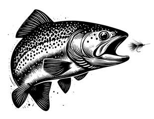 Vector Illustration of a Rainbow Trout with lure - obrazy, fototapety, plakaty