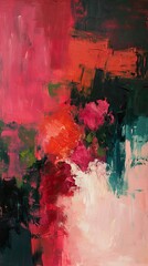 An abstract oil painting with bold, expressive strokes of crimson, coral, and blush thickly layered color. Vertically oriented. 