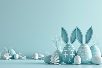 A serene Easter composition with decorated pastel eggs and paper bunny ears amidst floral accents...
