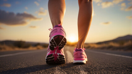 Runner woman feet running on road closeup on shoe. Female fitness model sunrise jog workout. Sports...