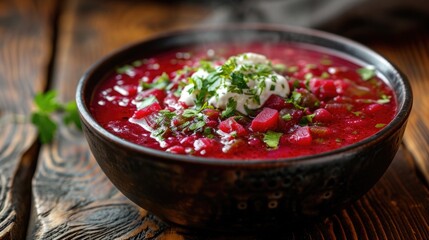 Food photography, classic borscht, vibrant beetroot red, steam rising, served in an elegant black ceramic bowl on a rustic wooden table