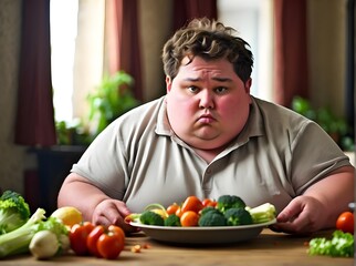 Fat man eating a salad