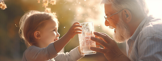 The child and the grandmother drink and give water in a glass. Selective focus. - obrazy, fototapety, plakaty
