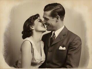 Vintage bride and groom kissing