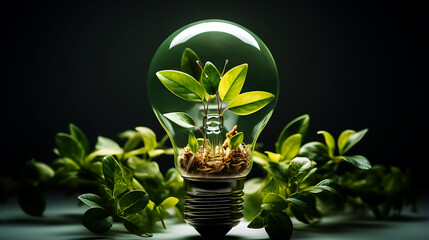 Eco friendly lightbulb from fresh leaves top vie, concept of Renewable Energy and Sustainable Living