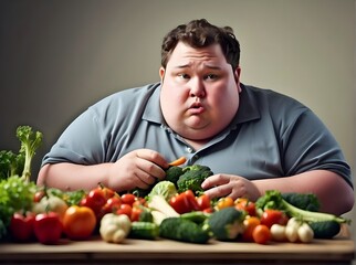 Obese man eating healthy vegetables