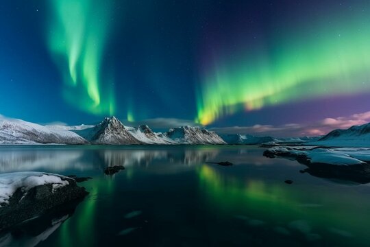 Colorful aurora illuminating icy arctic scenery with distant mountains. Panoramic view. Generative AI © Cressida