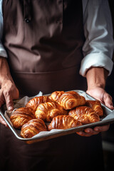 chef holding freshly baked croissants. delicious pastries - obrazy, fototapety, plakaty