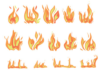 Set of fire flame vector icons. Fire silhouette illustration. 