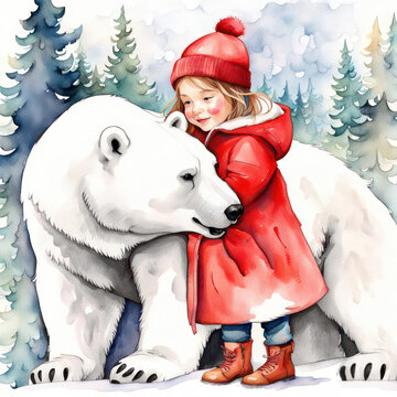 Cute watercolor polar bear with little girl wearing a red coat and boots
