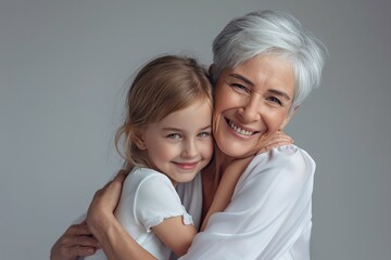 A heartwarming scene of a silver-haired grandmother in a loving embrace with her young granddaughter, both smiling with genuine affection..