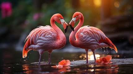 Couple of pink flamingos in love standing in water on festive background with flowers