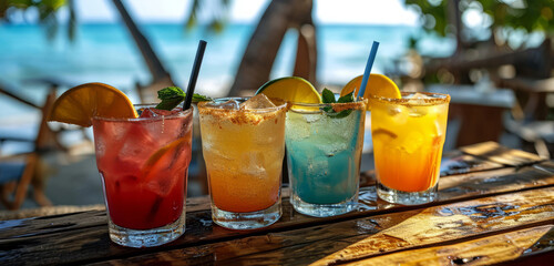 Colourful cocktails on a wooden bar by the sea at sunset.