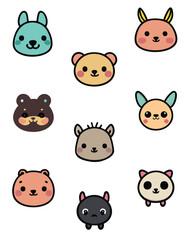 Cute Kawaii style set of animal illustrations, colorful minimalist vector icons, black outline, bold lines, flat icons, smiling characters for kids babies toddlers, kid friendly stickers collection