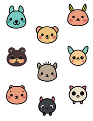 Fototapeta premium Cute Kawaii style set of animal illustrations, colorful minimalist vector icons, black outline, bold lines, flat icons, smiling characters for kids babies toddlers, kid friendly stickers collection