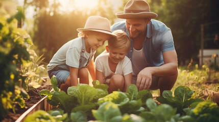 Cute little boy and his handsome father are gardening together in the garden. - obrazy, fototapety, plakaty