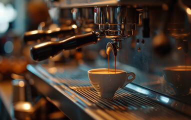 Close-up of an espresso being made in a cafe.
