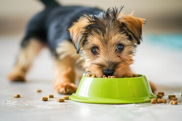 Adorable fluffy puppy eating from a bright green bowl, with scattered kibble on the floor, indoor setting..