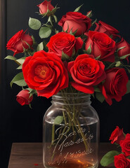A bouquet of vibrant red roses, delicately arranged in a rustic mason jar, brought to life in a hyperrealistic oil painting Ai generated