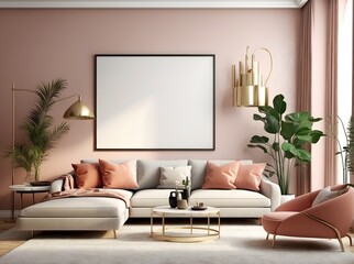 Mockup poster frame on the wall of living room. Luxurious apartment background with contemporary design. Modern interior design. 3D render, 3D illustration 