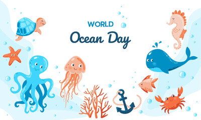 World Oceans Day. Protect ocean animals and the environment. Save ocean life. Marine set with sea creatures for girls and boys baby shower and birthday