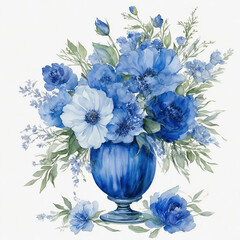  A unique watercolor masterpiece with a blue floral arrangement, featuring delicate petals and intricate details, set against a transparent background Ai generated