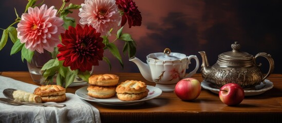 Obraz na płótnie Canvas English-style tea break with vintage still life, homemade buns, and a dahlia bouquet.