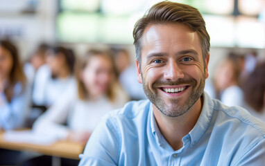 Fototapeta premium Portrait of a smiling teacher man with the classroom in the blurred background