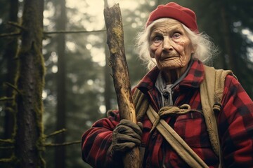 Obraz premium Adaptable Lumberjack old woman forest. People face. Generate Ai