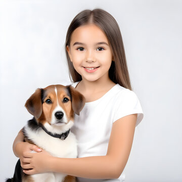 a handsome young girl with cute dog isolated on white background