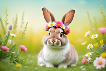 Cute bunny with floral bouquet on head, spring meadow background - Easter concept