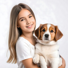 a handsome young girl with cute dog isolated on white background