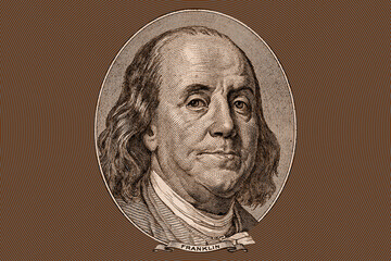Close-up portrait of U.S. president Benjamin Franklin from the 100 dollars banknote toned brown. Template for poster, art, zine, dj.