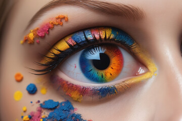 Macro photo of female colorful eye with dried paint particles - bright multicolored fashion make-up