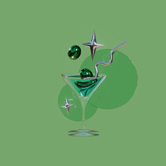 green cocktail with olives 3d illustration glass martini stars