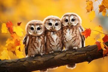 Three lovely cute owl stand together on tree in autumn