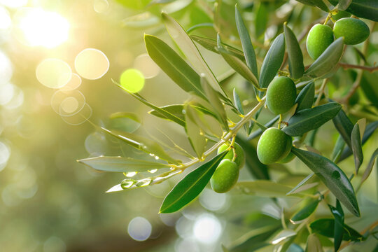 Radiant Sunlight Illuminates Olive Tree Branch With Luscious Green Olives