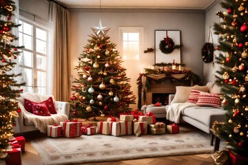 christmas decorated living room, decorated christmas tree, cozy blankets and pillows