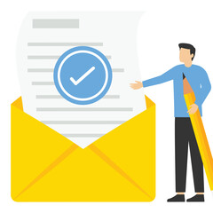 male character with checkmarked document in envelope. Concept of confirmation, letter of acceptance or approval, verification. Modern flat vector illustration for web page.


