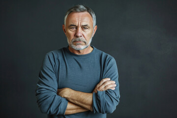 Mature Man Exhibiting A Solemn Demeanor, Arms Crossed