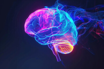 Neon Glow Human Brain Hovering On Black Background