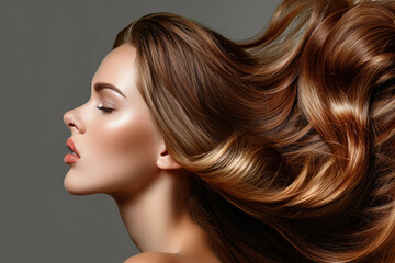 Profile Of Beautiful Woman With Long, Shiny Wavy Hair