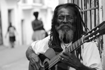 Rastafarian Strums Guitar In The Street