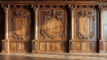 3d illustration. Classic wall of vintage beech wood panels and doors.