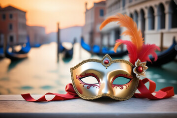 One carnival mask, blurred background of Venice - obrazy, fototapety, plakaty