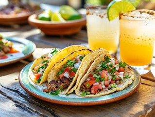 Group of Mexican cuisine tacos arranged on a table with cocktail - 706590386