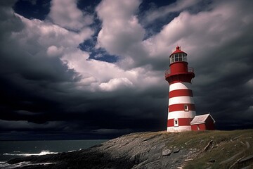 Red and white striped lighthouse with solar panel under stormy sky near Heart's Content, Newfoundland, Canada. Generative AI