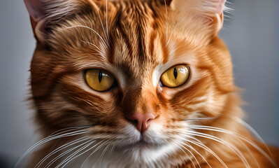 close-up, ginger cat face, portrait of happy ginger cat, whiskered ginger cat, pet, feline face, feline family - obrazy, fototapety, plakaty