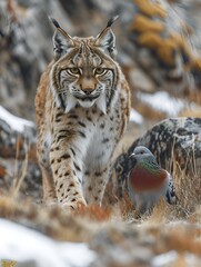 Wild Lynx with a Pigeon on Mountain Rocks